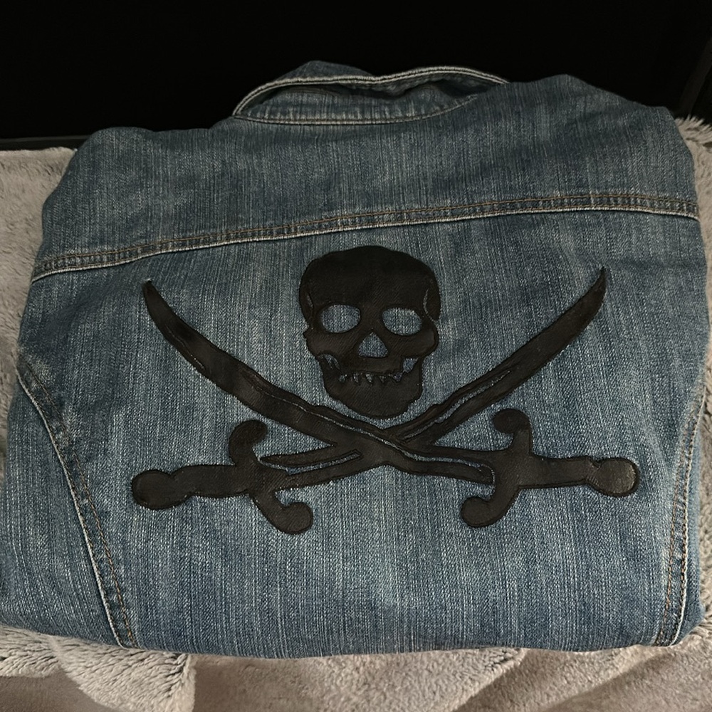 INC International Concepts Jean Jacket with Skull Pirate Design